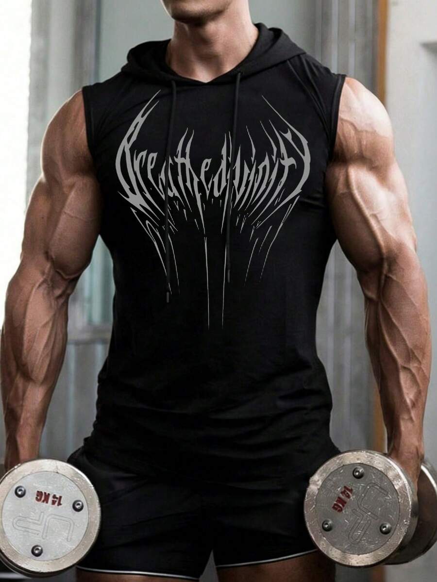 GymBeat 男士哥特印花抽绳连帽休闲百搭日常运动T恤 - 黑色 - 查看 1