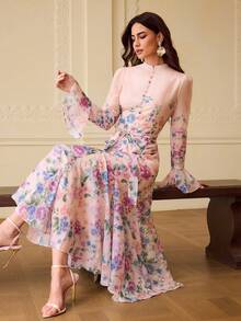 ZEYLAH Women's Elegant INS Printed Button-Down Long Flare Sleeve Dress, Flowing Pleated Skirt - Multicolor - View 8