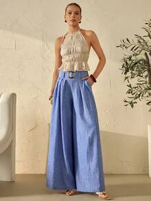Bóhologie Women Denim Look Comfort Pant With Belt - Blue - View 2