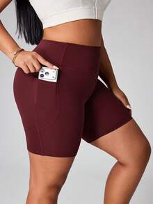 Rhythm Era 大码高腰瑜伽短裤，带口袋，提臀健身运动短裤（女款） - 酒紅色 - 查看 1