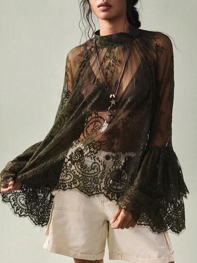 SoleilVie Áo kiểu nữ cổ tàu tay raglan thanh lịch màu xanh đậm ren, áo ren phong cách Boho, áo ren xuyên thấu, áo ren cho nữ, áo xuyên thấu cho nữ, trang phục Boho Chic cho nữ, áo phong cách Bohemian cho nữ, quần áo phong cách Boho