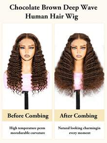 巧克力棕色深波浪卷发真人发假发，4x4蕾丝闭合假发，180%密度，巴西深卷透明蕾丝前额假发，真人发，预先拔毛，带婴儿发，无需胶水，女士假发 - S4 - 查看 8