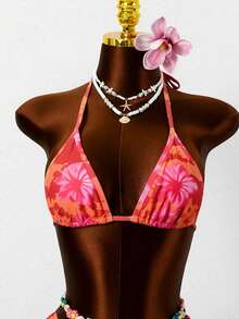 Swim Mod 2026 Orange Floral Spaghetti Strap Random Print Side Slit Jumpsuit Skirt Women's Bikini Swimwear 2-Piece Set - Multicolor - View 5