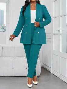 SHEIN Lady Bộ đồ công sở cỡ lớn mùa thu đông thanh lịch màu xanh công tước, cổ đứng, cúc vàng, tay dài, phối hợp màu sắc trang trọng, bộ vest nữ công sở hai mảnh, trang phục công sở nữ, bộ đồ công sở sang trọng cho nữ, bộ đồ công sở thường ngày hai mảnh cho nữ, trang phục công sở thường ngày cho nữ. - Màu xanh ngọc - Xem 8