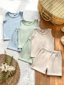 SHEIN Vintaside Kids 男婴夏季六件套服装，黑白条纹背心和短裤，舒适休闲百搭。 - 彩色 - 查看 4