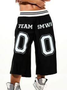 SUMWON WOMEN Black Graphic Jorts With Boxer Waistband Team Numbers Sports Inspired Wide Leg Knee Length Summer Casual Shorts, World Cup Sporty Game Streetwear - Black - View 4