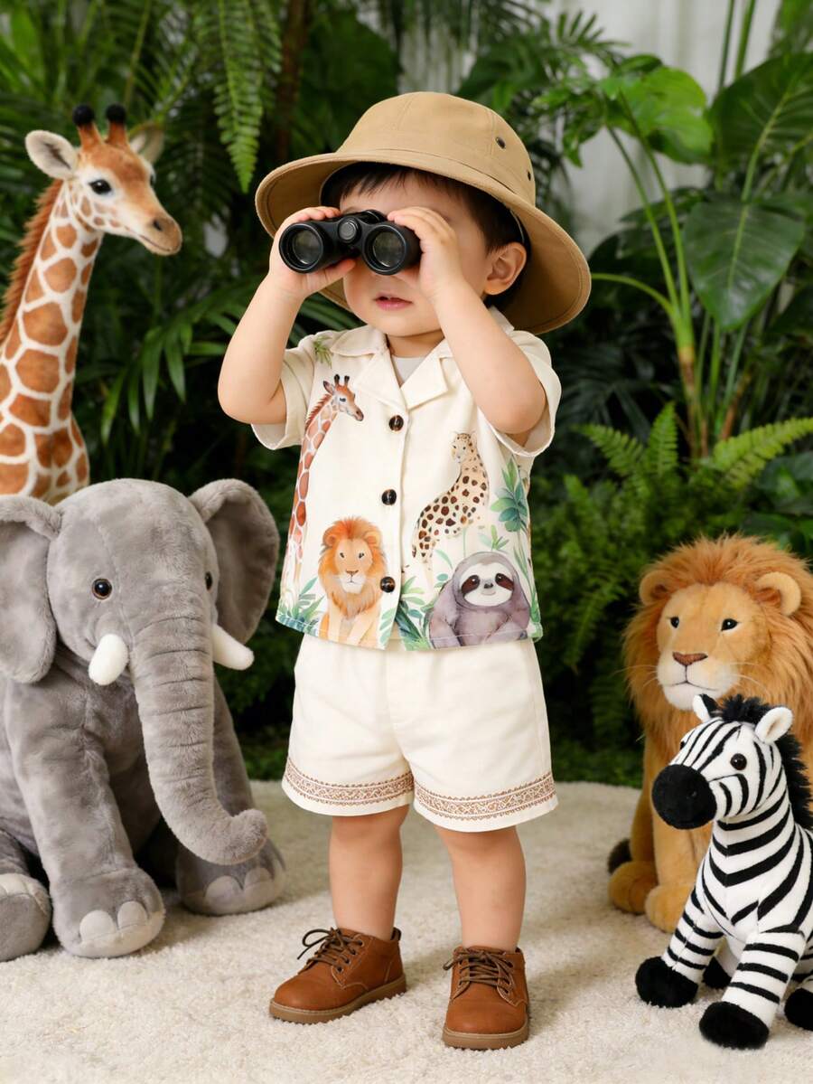 SHEIN Souflis 幼儿男童趣味野生动物印花短袖衬衫短裤套装，春夏度假休闲装 - 杏色 - 查看 1
