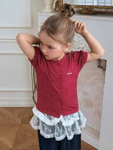 DAZY Young Girl Round Neck Polka Dot & Letter Print Casual Versatile Daily Short Sleeve T-Shirt - Red - View 3