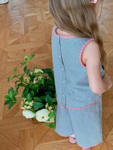 Dazy Kids Pakaian Kasual Musim Panas untuk Anak Perempuan: Atasan Kerah Bulat dengan Blok Warna dan Celana Jeans Lebar - Light Wash - View 3