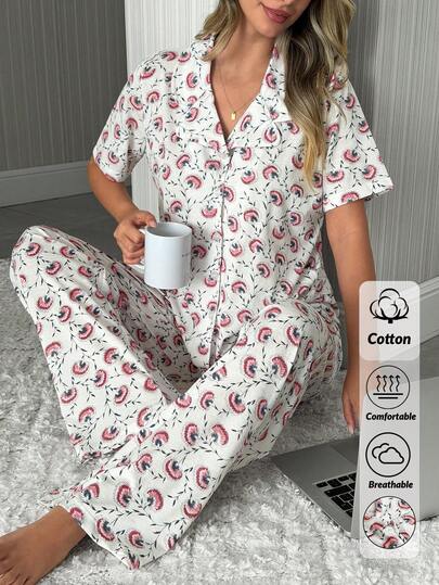 SHEIN Button Detailed Casual Multicolor Cute Flower Pattern Detailed Relaxed Pijama Lounge Set