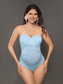Cheriluna Maternity Maternity Contrast Lace Bandeau Jumpsuit For Photoshoot - Baby Blue - View 3