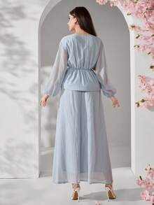 Solavon 女士优雅通勤纯色3D立体花卉缎带装饰灯笼袖上衣和半裙两件套 - 淺藍色 - 查看 5