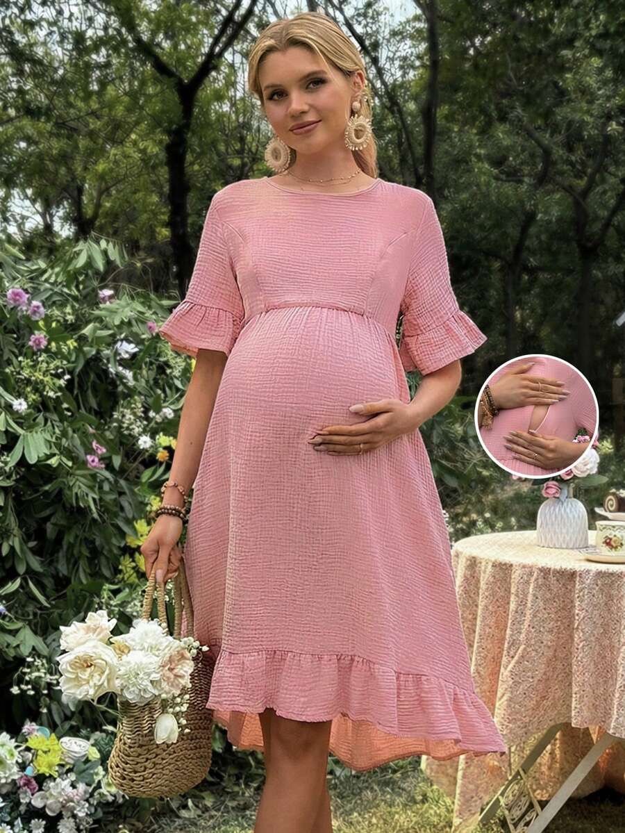 SHEIN 哺乳连衣裙，荷叶边袖，圆领，正面蘑菇形纽扣，侧边拉链，A字裙摆带荷叶边装饰 - 藕粉色 - 查看 1