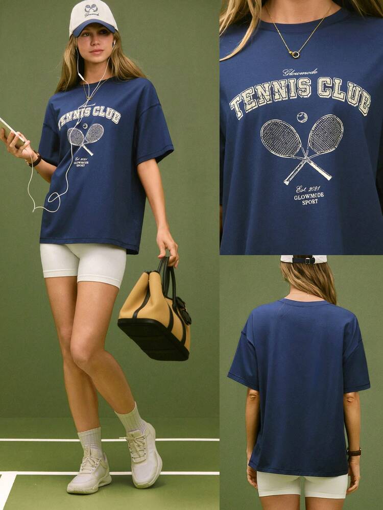Camiseta de cuello redondo con gráfico frontal retro, de ajuste relajado, ultrasuave, elástica y ligera, de algodón pima, para tenis, golf, pickleball y uso casual diario