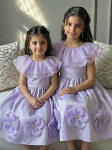 SHEIN Young Girl Woven Solid Color Ruffle Floral Casual Dress - Purple - View 5