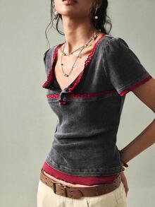 SoleilVie 女士休闲针织撞色蕾丝短袖修身T恤 - 黑色 - 查看 7