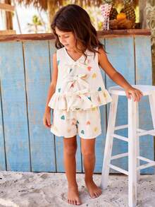 Emery Rose Kids Emery Rose Kids Bộ 2 món đồ dành cho bé gái, gồm áo hai dây và quần dài dệt họa tiết trái tim, kiểu dáng thường ngày. - Màu be - Xem 3