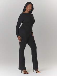 MUSERA Plus Size Off Shoulder Fitted Flared Long Sleeve Jumpsuit Sexy Elegant Date Night Spring Summer Vacation Evening Holiday - Black - View 2
