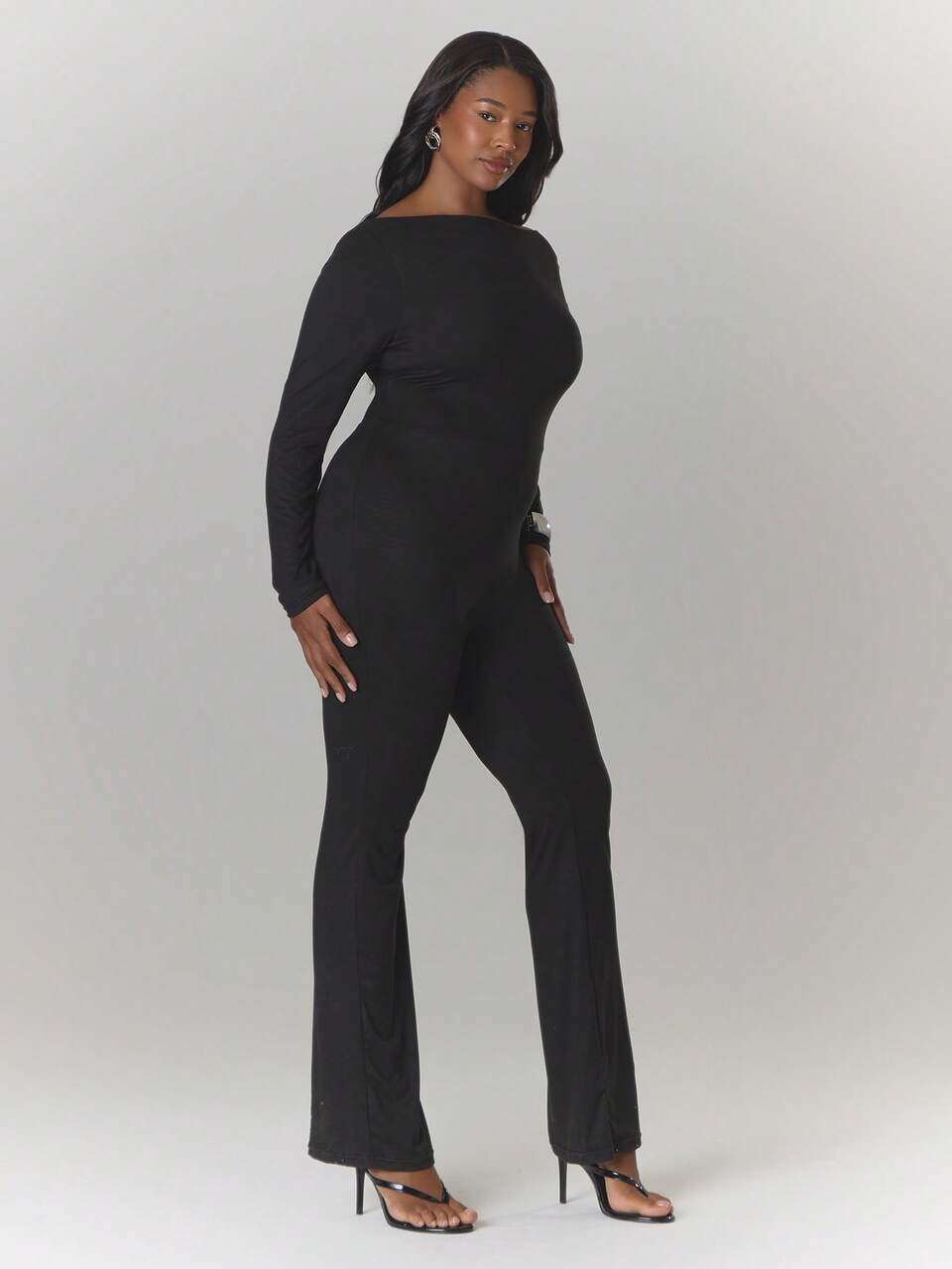 Curve Off Shoulder Fitted Flared Long Sleeve Jumpsuit Sexy Elegant Date Night Spring Summer Vacation Evening Holiday