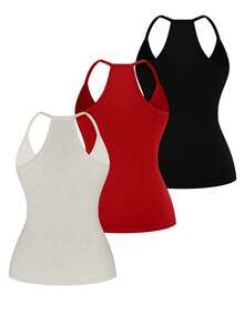 EMERY ROSE Plus Size Multicolor Halter Neck Backless Plain Knitted Tank Top Casual Regular Length Top - Multicolor - View 2