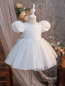 Glamorique Kids 优雅全印花蕾丝花瓣袖腰部褶皱薄纱裙公主裙，适合女婴、生日派对、花童 - 白色 - 查看 8