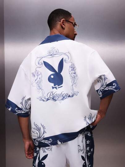 PLAYBOY X SUMWON Men's Short Sleeve Button-Up Shirt With All-Over Print And Blue Ornate Pattern Collar Casual Summer Top