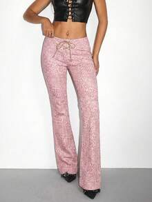 Jeanoix Quần jeans ống loe dáng casual họa tiết da báo thắt eo dành cho nữ - Hồng - Xem 5