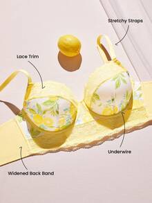 LUVLETTE Breathable Lace Elegance Unlined Push-Up Breezy Comfort Balconette Lemon Print Vacation Style Corset Lingerie Minimizer Bra Now Trending - Multicolor - View 6