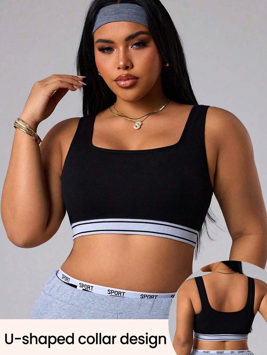 SHEIN Dewbera Sujetador deportivo sin costuras negro y blanco para yoga, talla grande para mujer - Multicolor - View 1
