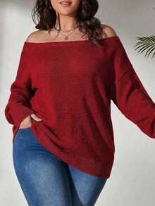 EURMUSE Plus Solid Off Shoulder Sweater Off Shoulder Sweateroff The Shoulder Sweateroff Shoulder Jumperoff The Shoulder Jumper - Red - View 3