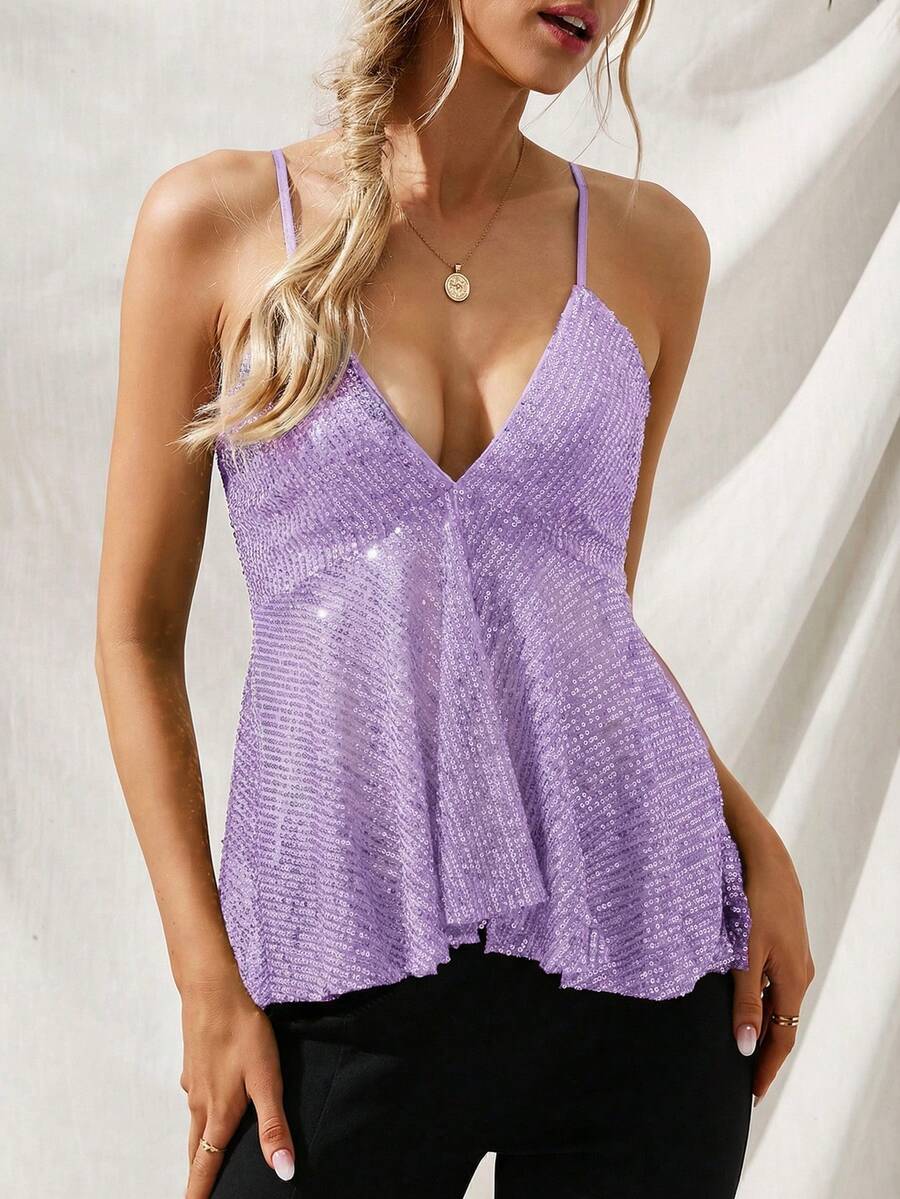 Aveloria Modichic Áo tank top nữ dây mảnh đính sequin, kiểu dáng thường ngày, thích hợp cho ngày Valentine mùa xuân/hè, và các dịp mặc hàng ngày. - Màu tím hoa cà - Xem 1