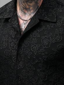 SLATEMANN 男士提花单排扣休闲短袖衬衫 - 黑色 - 查看 5