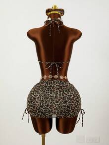 Zestiva 3pcs/Set Women's Spaghetti Strap Floral Mesh Beach Dress & Bikini Set Leopard Print Bathing Suit Women Leopard Swimsuit Leopard Bikini Cheetah Print Bikini Leopard Set - Multicolor - View 2