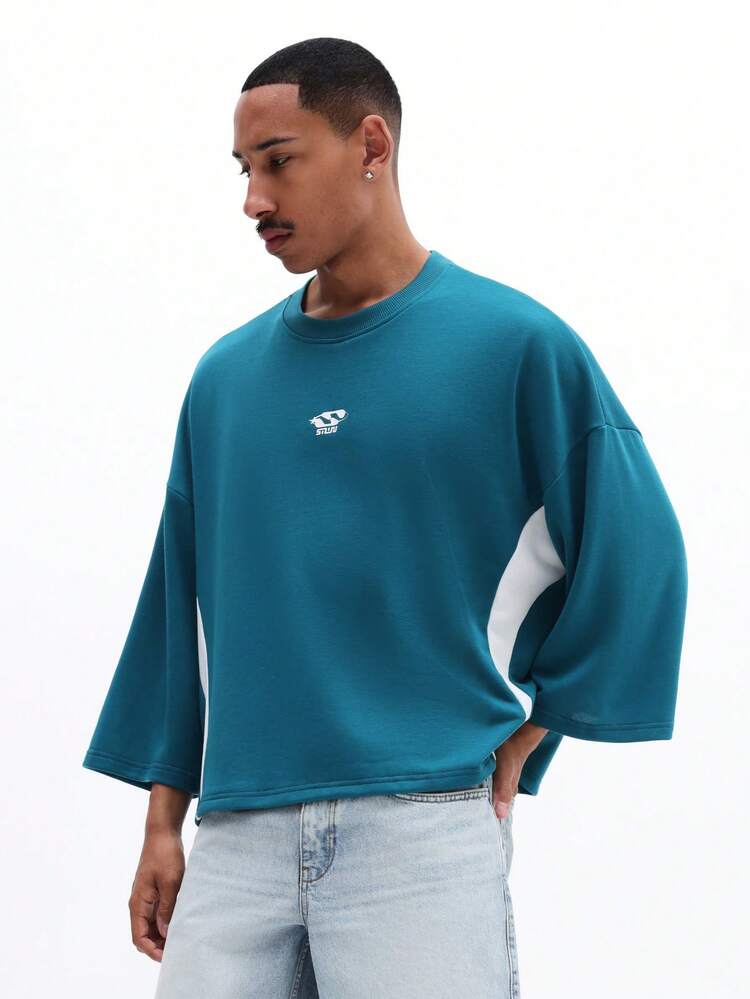 남성용 청록색 크루넥 반팔 티셔츠, 오버사이즈 릴렉스 핏 및 옆트임 디테일로 캐주얼한 일상복