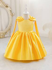 Glamorique Kids Đầm cưới hoa cho bé gái, đầm công chúa thanh lịch thắt eo với nơ, phù hợp cho mọi mùa. - Màu vàng - Xem 4
