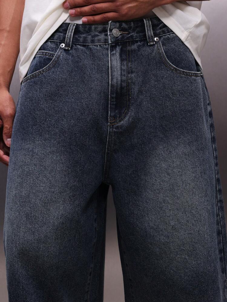 PLAYBOY X SUMWON Men's Knee Length Denim Jorts With Logo Pull On Baggy Wide Leg Summer Shorts Vintage Wash Streetwear