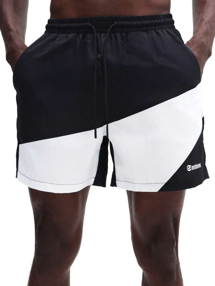 Drawstring Color Block Beach Swim Shorts Side Pockets Summer Vacation Swimwear