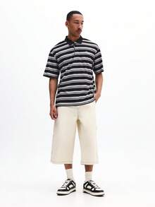 SUMWON Men Oversized Black White Horizontal Striped Short Sleeve Polo Shirt Classic Collar Button Front Casual Summer Spring Streetwear Vintage Relaxed, Polo Blouse For Men, Oversized Polo - Multicolor - View 4
