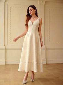 ZEYLAH Elegant Spaghetti Strap Waist Gathered Hem Dress, Spring/Summer - Apricot - View 5