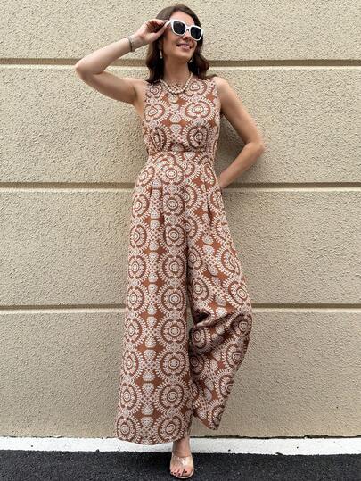 Solivie Women's Elegant Backless Jumpsuit, Loose Fit Colorblock Printed Vacation Romper Brown Jumpsuit Women Boho Jumpsuit For Women Vacation Outfits Women