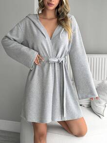 SHEIN Women Waffle Knit Hooded Detail Robe With Belt Detail Homewear Comfort Lounge Robe - Grey - View 3