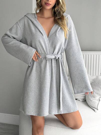 SHEIN Women Waffle Knit Hooded Detail Robe With Belt Detail Homewear Comfort Lounge Robe Long Sleeve Robe Cotton Robe Short Robe Light Robe Robe Women Sleep Robe