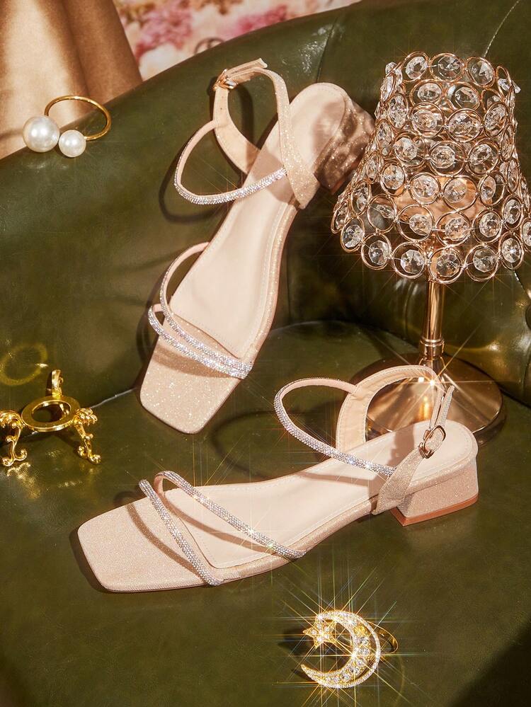 CUCCOO TILAWA Women's Square Toe Champagne Color Rhinestone Decor Fashionable Sexy Casual Thick Heel High Heel Sandals, Spring/Summer New Arrival