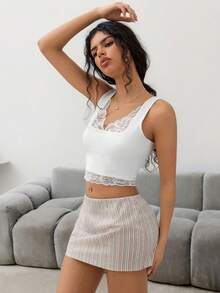 Sweetina Women's Summer Casual Commuting Contrast Lace Fitted Cropped Tank Top - White - View 5