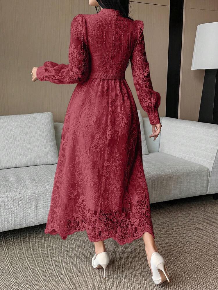 Women's Elegant Lace Collar Belted Mid-Length Dress, Spring/Summer Sundress