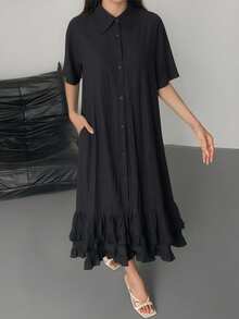 DAZY Women's Elegant Ruffled Collar Loose Mid-Length Dress Summer Sun Dresses For Women - Black - View 5