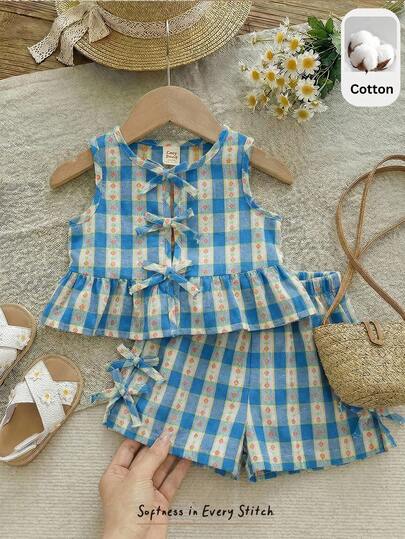 Cozy Pixies Baby Girl Cute Summer Casual Blue & White Contrast Yellow Floral Plaid Bow Sleeveless Top And Elastic Waist Shorts Set