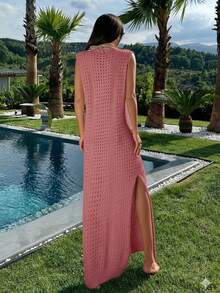 EURMUSE Women Knit Cover Up Dress With Openwork - Dusty Pink - View 2