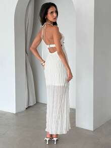 Aloruh 女士优雅系带露背雪纺纹理纯色沙滩长裙 - 杏色 - 查看 2