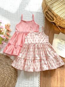 SHEIN Vintaside Kids 2件套女婴荷叶边下摆可爱吊带连衣裙套装 - 彩色 - 查看 8